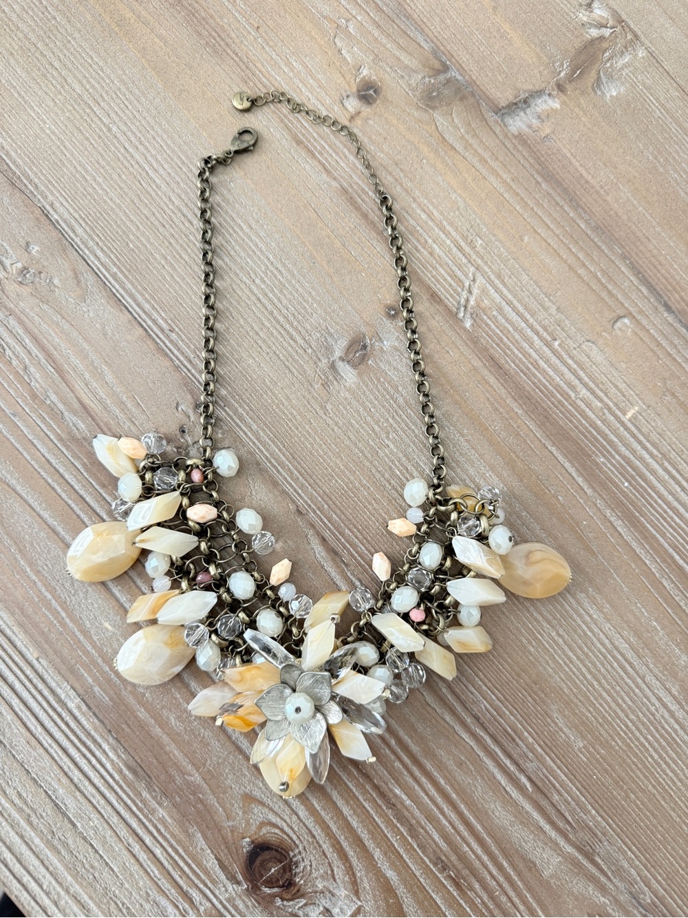 LOFT Neutral Statement Necklace | Cream & Champagne Beaded Floral Bib Necklace